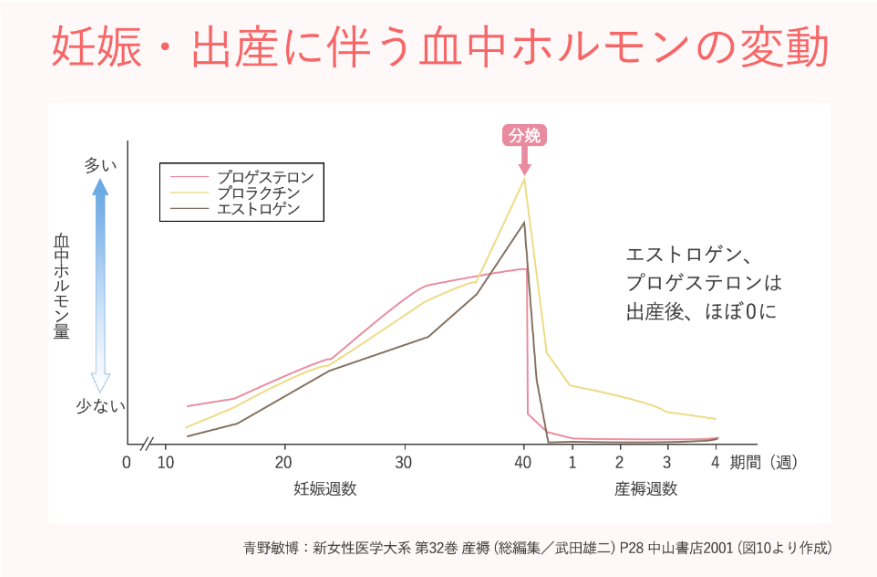 妊娠・出産に伴う血中ホルモンの変動
についてのグラフ